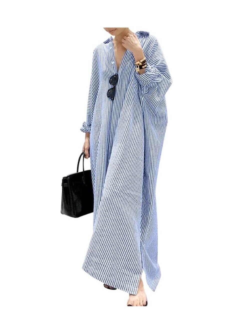 Women's Casual Long Sleeve Button Down Loose Striped Cotton Maxi Shirt Dress